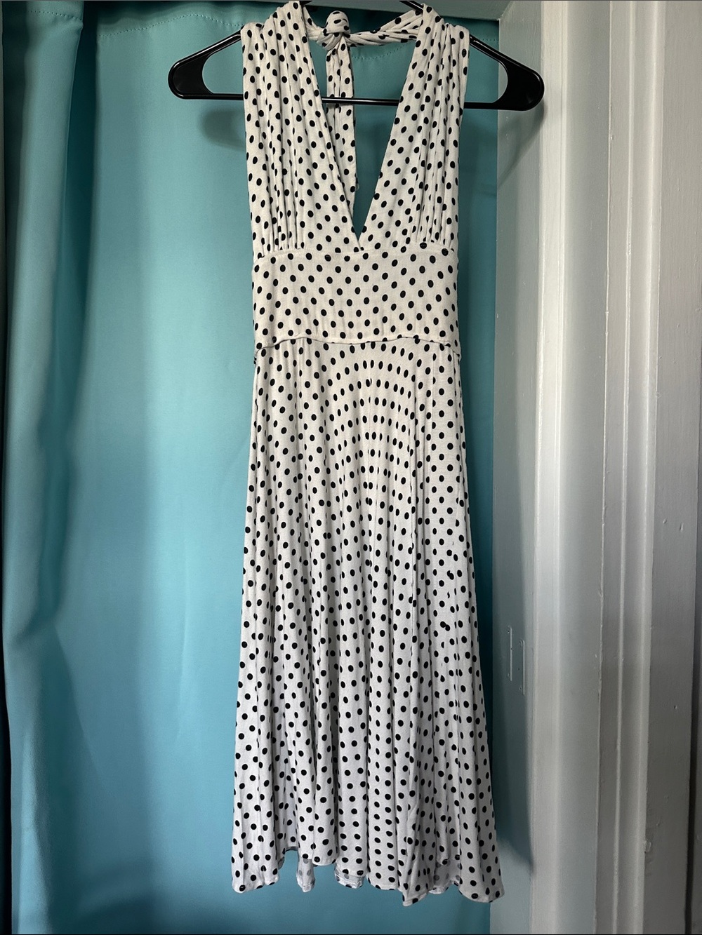 Enz’s NYC White and Black Polka Dot Halter Midi Dress